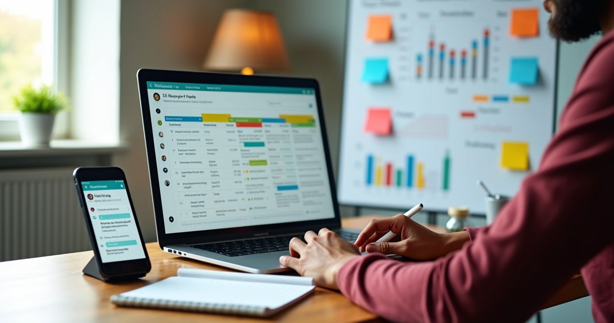 Profissional organizando follow-up de vendas em painel de CRM com contatos e prazos 