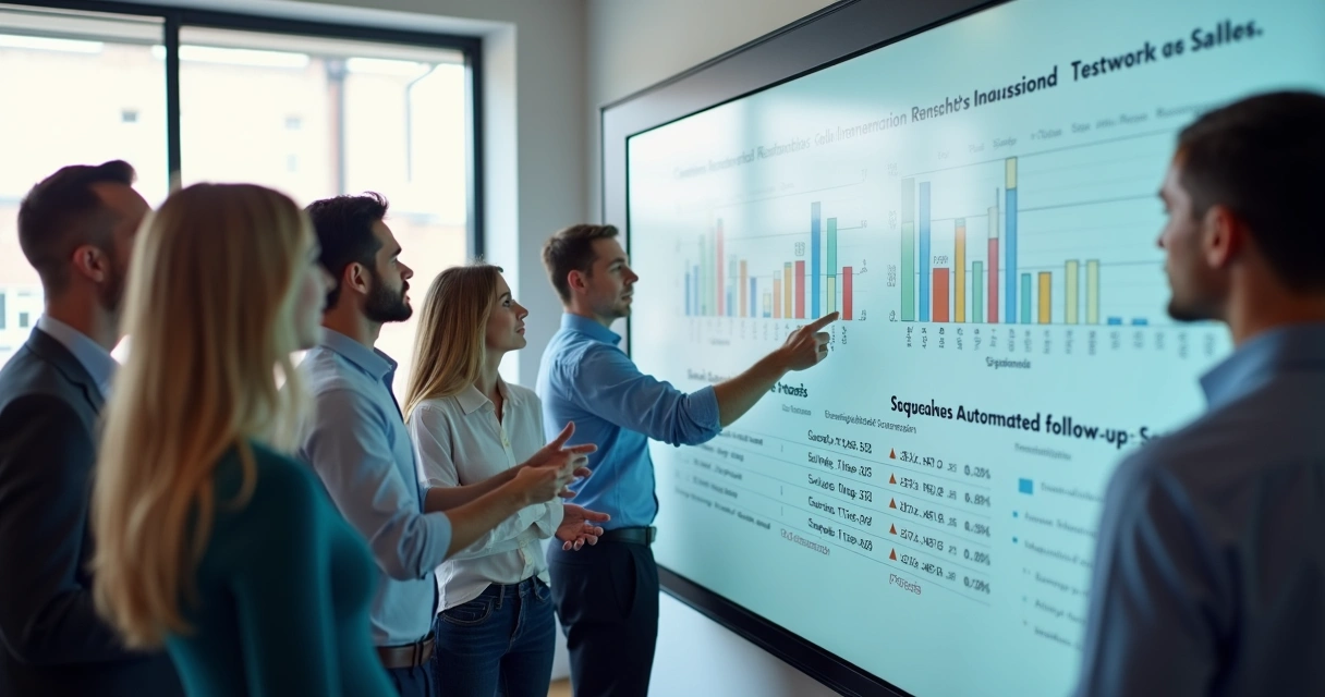 Equipe de vendas discutindo em frente a quadros com gráficos de conversão e automação 