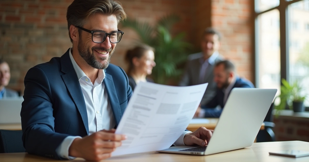 Vendedor segurando proposta comercial frente a cliente 