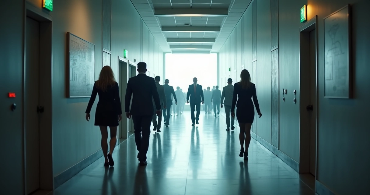 Office workers walking in line casting identical shadows behind a distant leader 