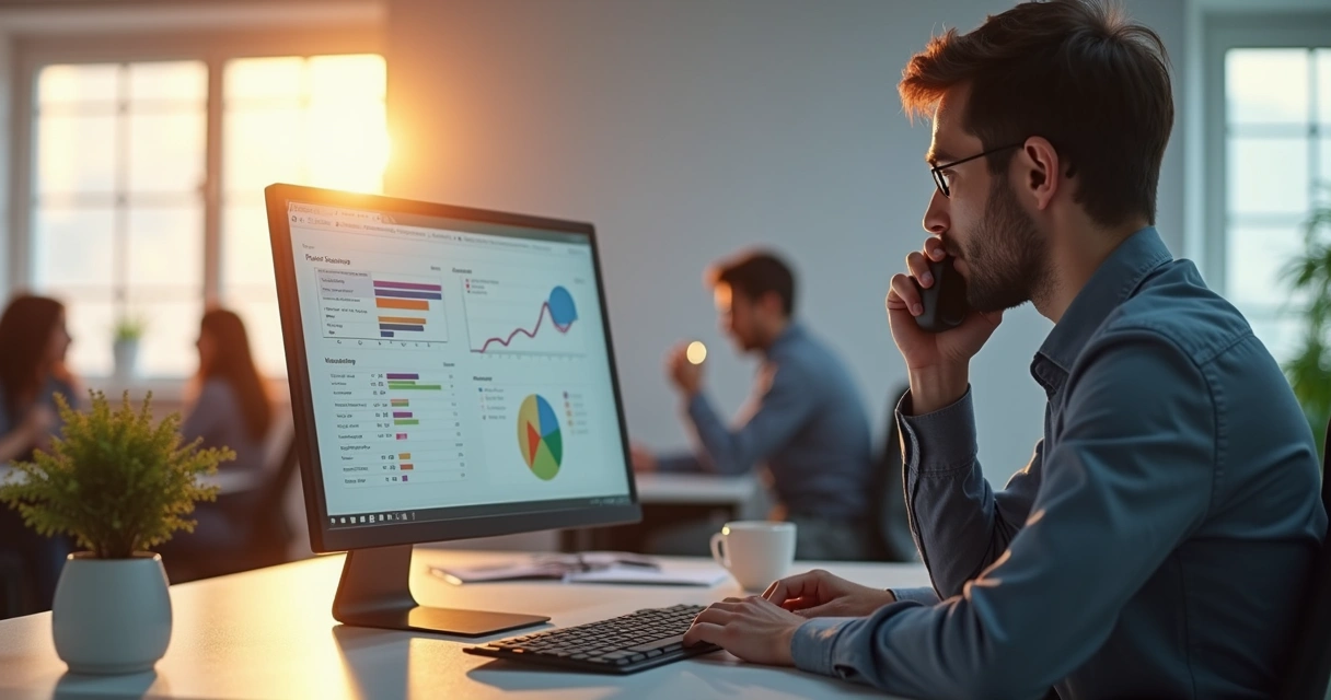 Profissional de vendas fazendo follow-up por telefone e computador 