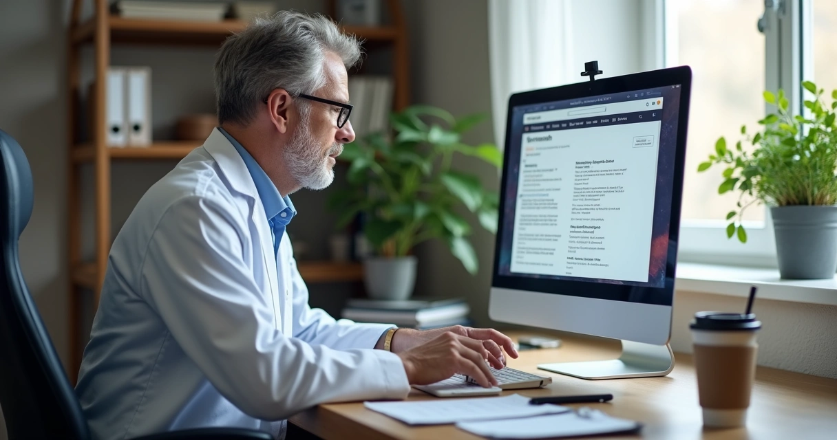 Profissional de saúde revisando agenda no computador após consulta, pronto para contato de follow-up 