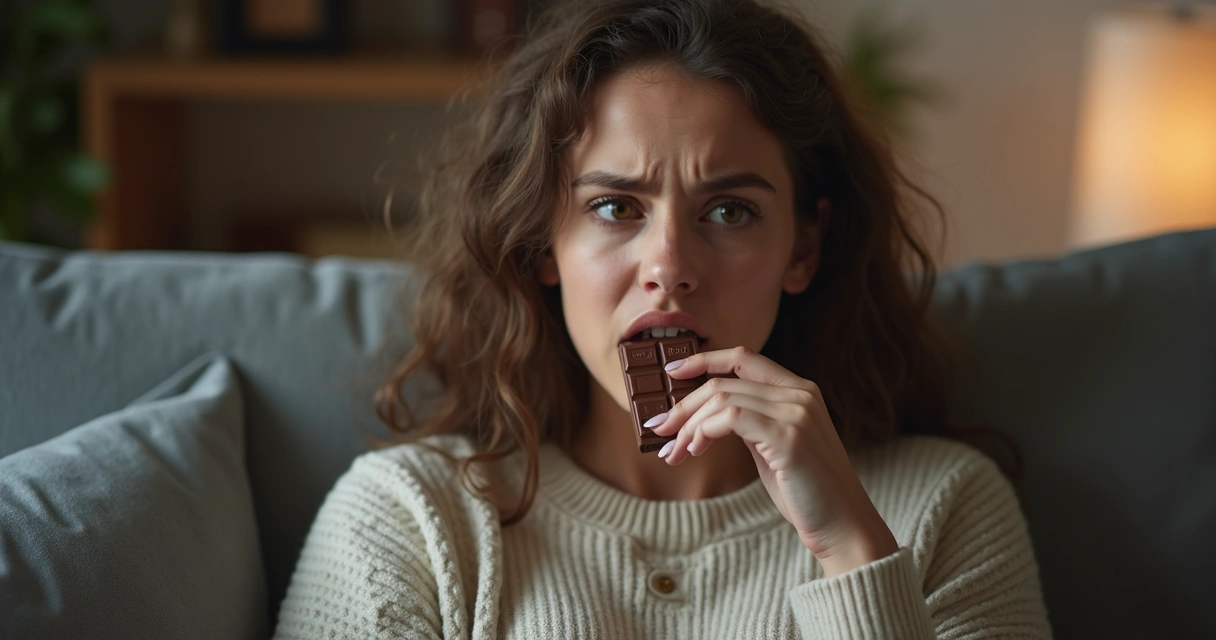 Mulher segurando chocolate perto do rosto, olhar ansioso 