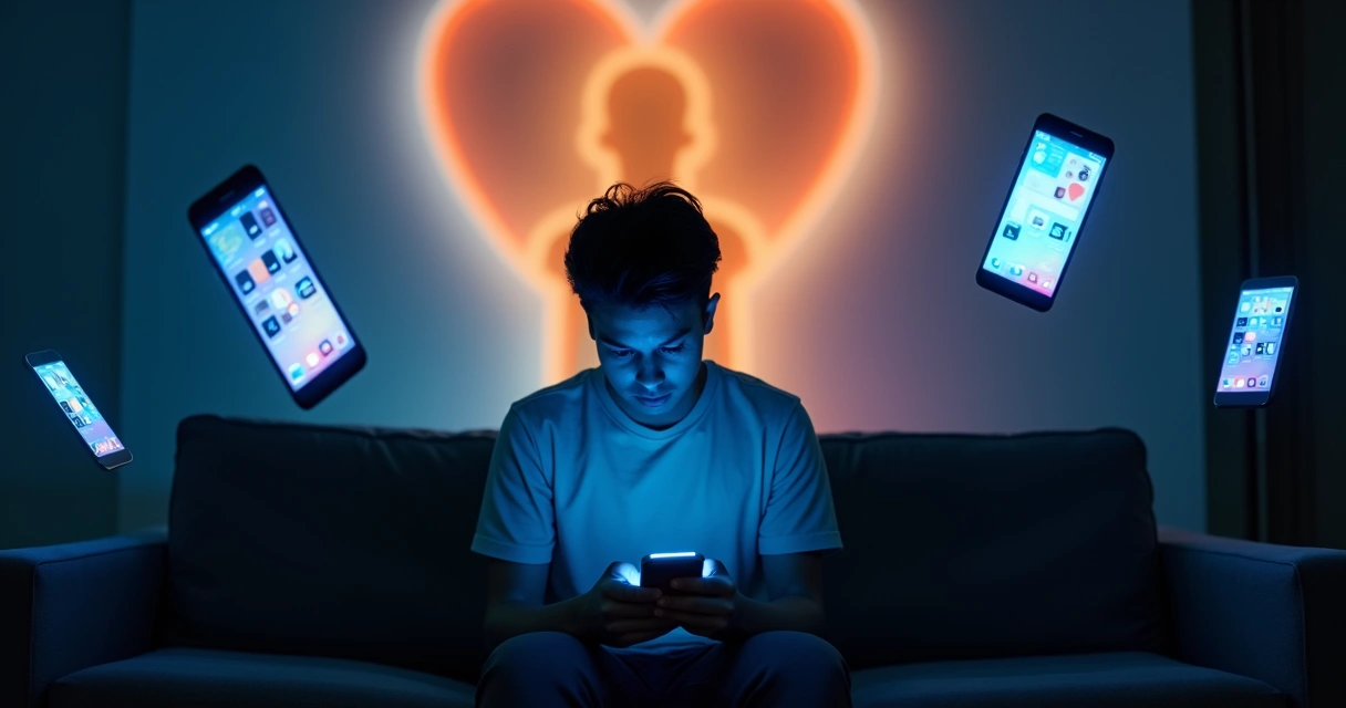 Jovem cercado por telas de celular com notificações enquanto ignora suas próprias emoções 