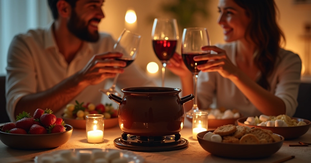 Fondue de chocolate com frutas, casal brindando taças ao fundo