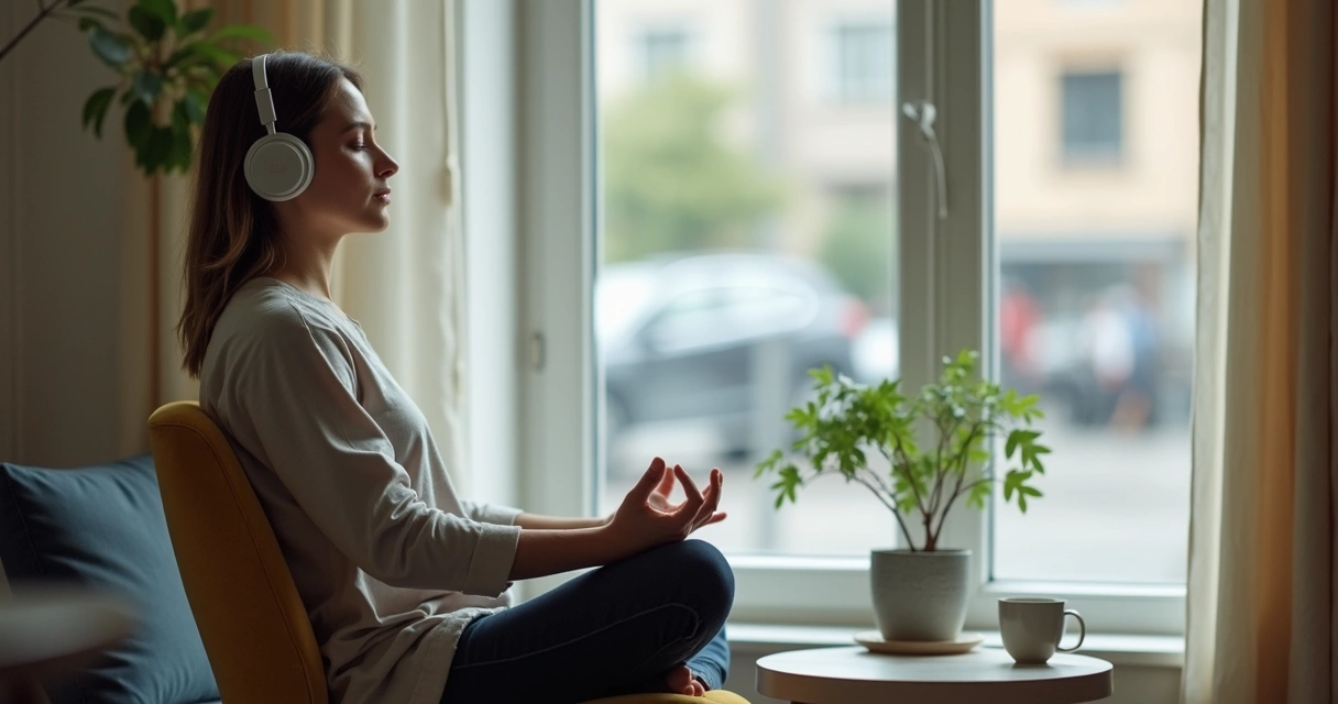 Fones de ouvido e pessoa em postura de meditação perto da janela