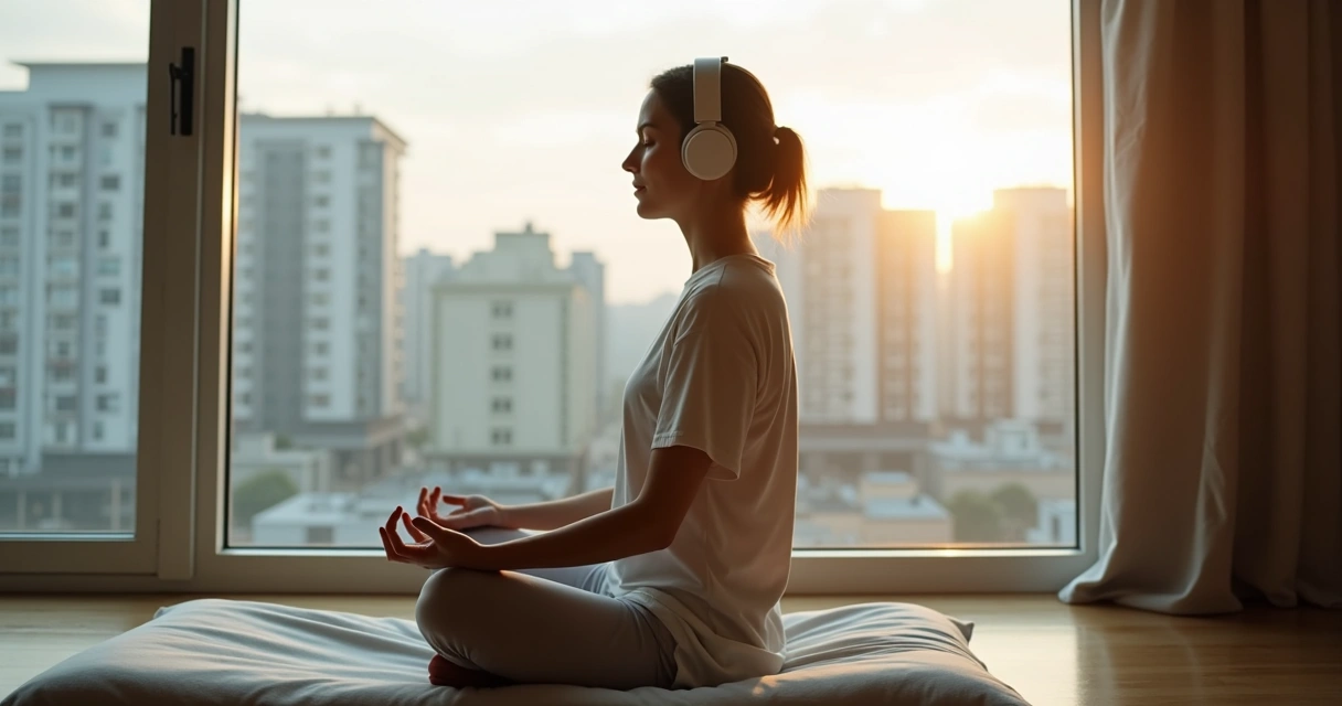 Pessoa sentada meditando com fones perto da janela