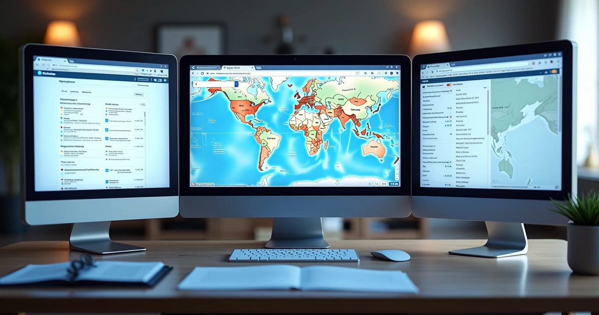 Diferentes telas mostrando LinkedIn, Google Maps e planilha de associação setorial 
