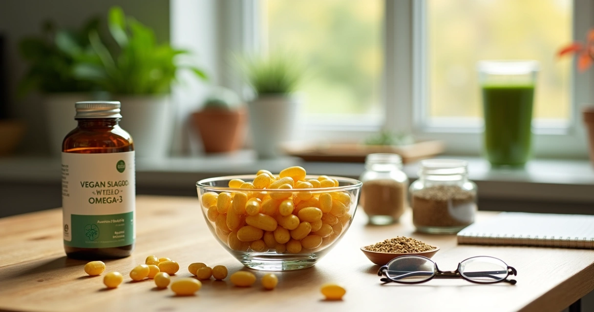 Cápsulas de ômega 3 vegano ao lado de frascos de microalgas e sementes em mesa de madeira clara 