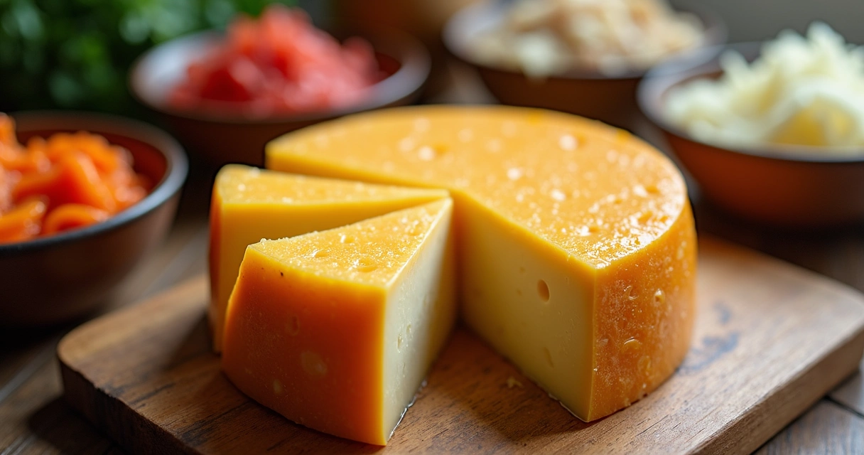 Queijo fermentado cortado sobre tábua com alimentos vegetais ao fundo 