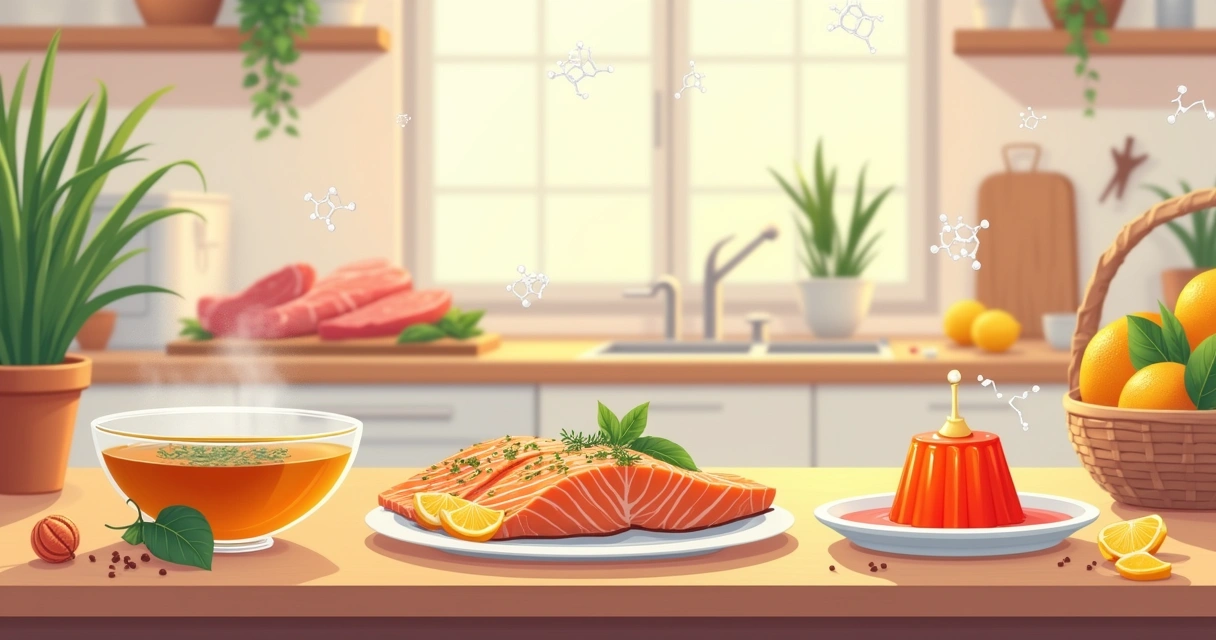 Vários alimentos ricos em colágeno em uma mesa de cozinha, incluindo caldo de osso, salmão, gelatina e frutas cítricas.