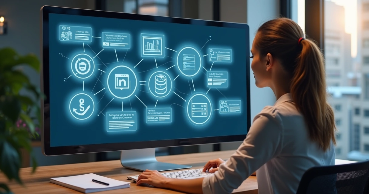 Pessoa analisando diferentes fontes de dados empresariais em tela digital 