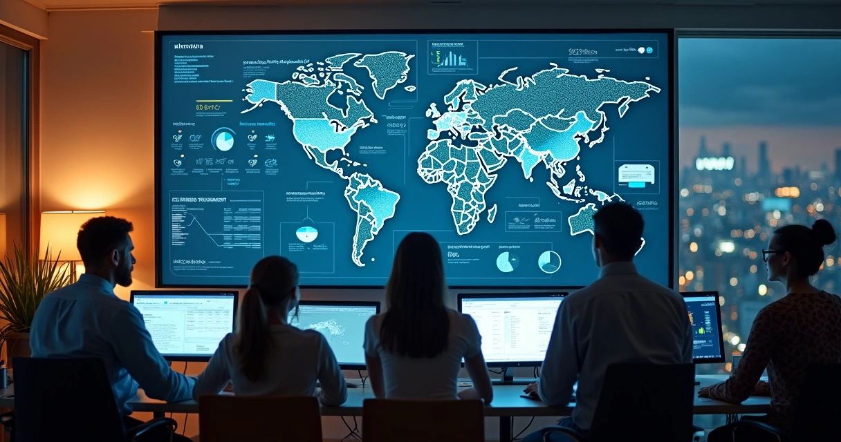 Computadores e telas mostrando gráficos e bancos de dados pares em ambiente de escritório 