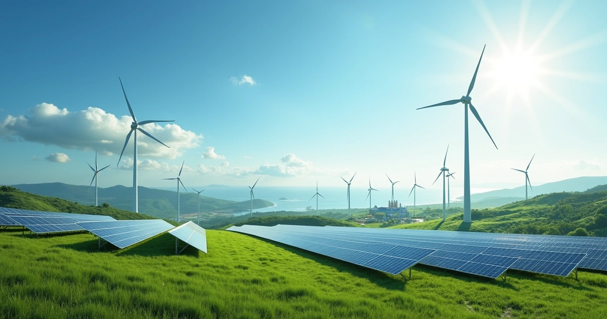 Panorama de fontes de energia renováveis com painéis solares e turbinas eólicas em área verde 