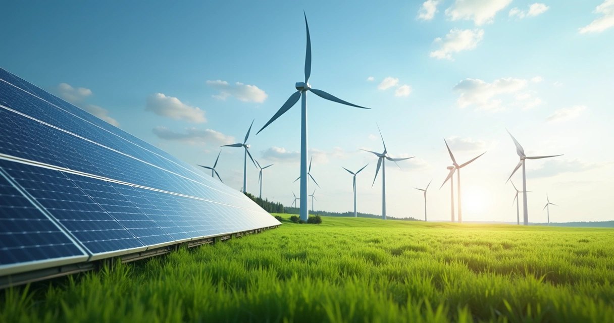 Painel solar e turbina eólica em campo aberto sob céu azul claro 