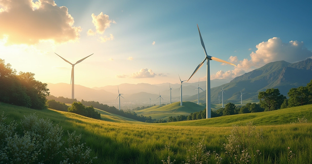 Diversas fontes de energia sustentável como painéis solares, turbinas eólicas e hidrelétricas em paisagem natural ampla 