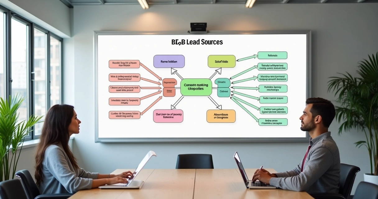 Quadro branco com desenho de diferentes fontes de leads B2B 