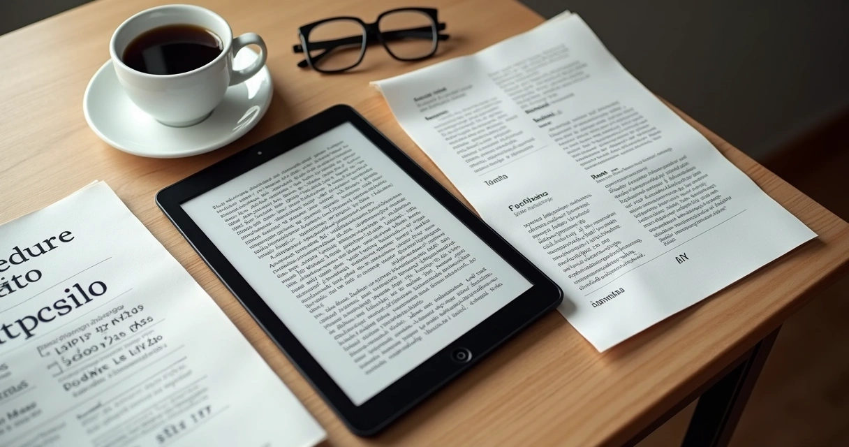 Mesa com tablet exibindo texto e livro aberto destacando diferentes fontes na página 