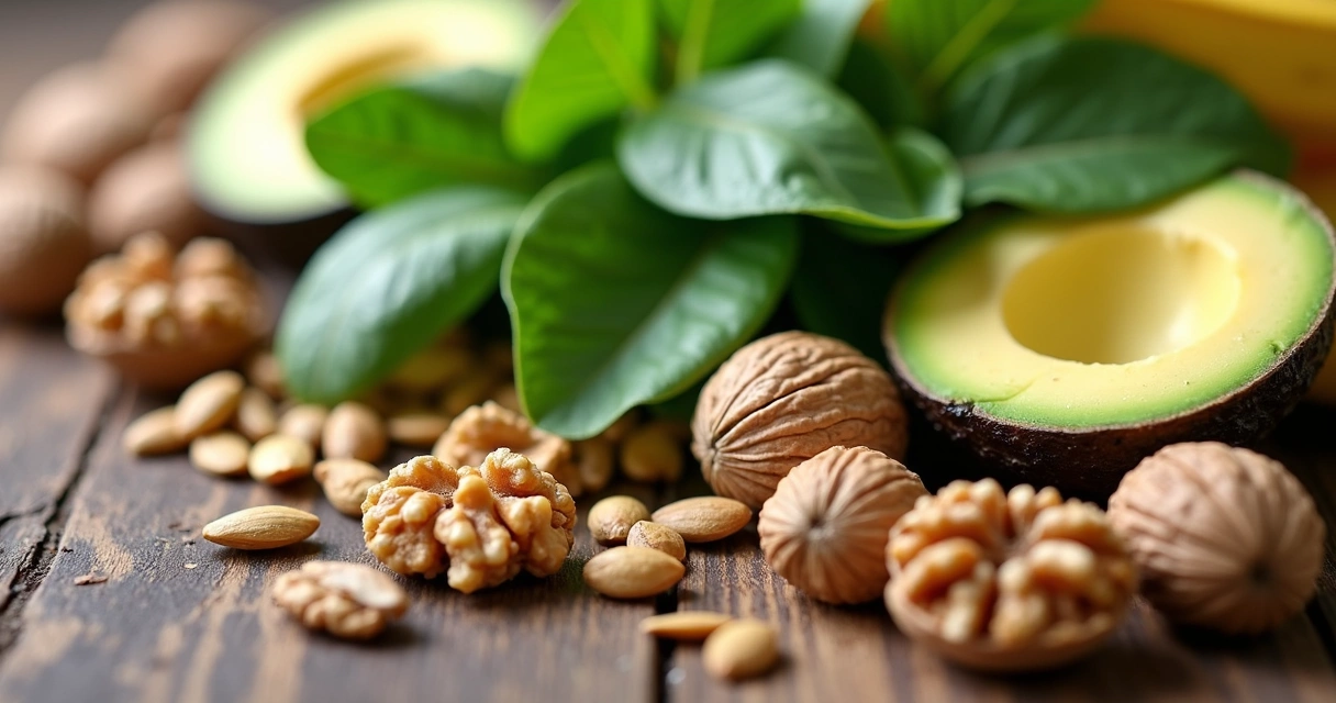 Mesas de madeira com alimentos naturais ricos em magnésio organizados com nozes, sementes, espinafre, abacate e banana 