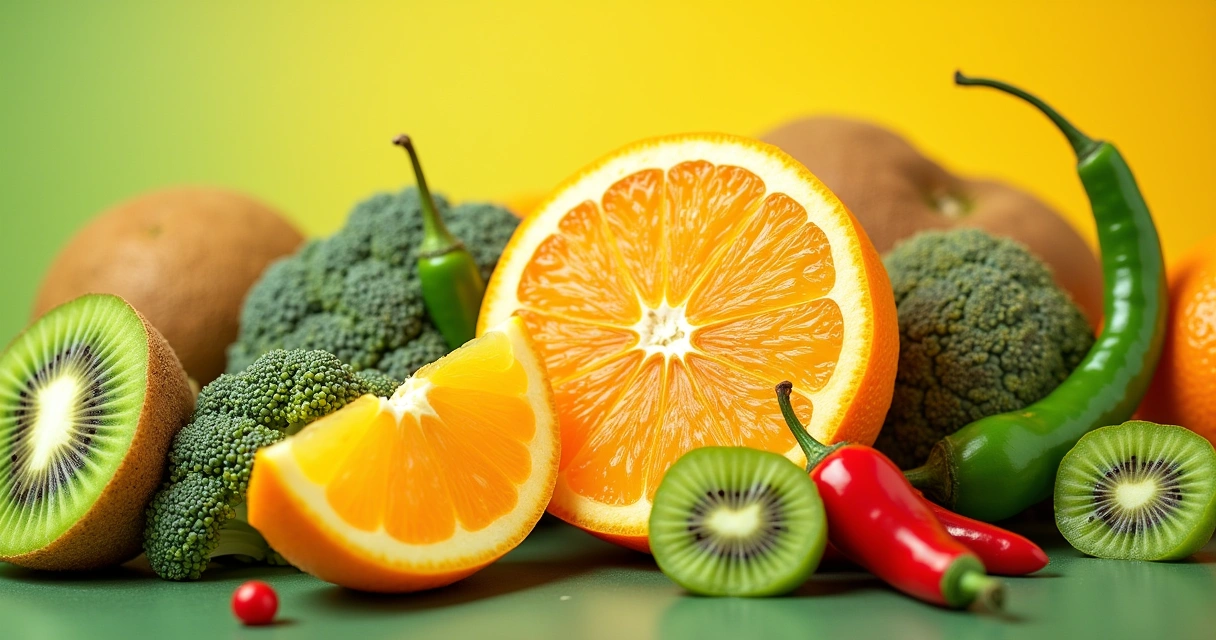 Composição vibrante com laranja, kiwi, pimentões, morangos e brócolis, destacando fontes naturais de vitamina C.