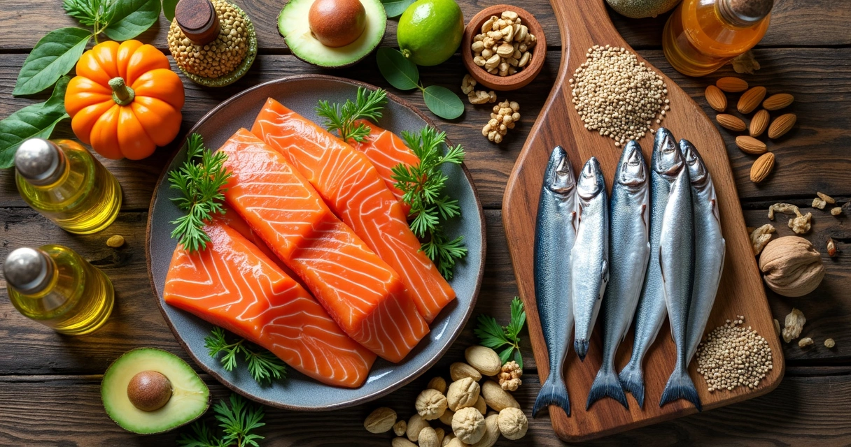 Diversos alimentos naturais como peixes, sementes, óleos vegetais e oleaginosas dispostos em uma mesa de madeira 