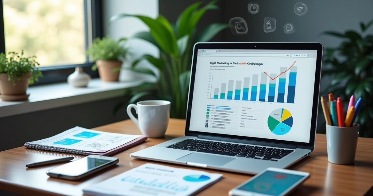 Mesa com computador, celular, e anotações representando estratégias digitais para captação de pacientes além do Instagram 