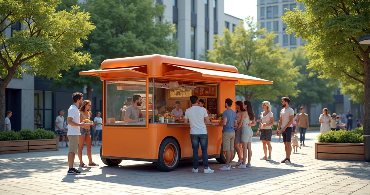 Food bike estacionada em praça urbana com pessoas ao redor, cenário de cidade média 