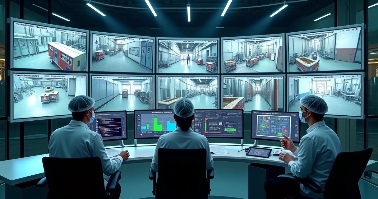 Sala de controle de segurança monitorando acessos na indústria de alimentos 