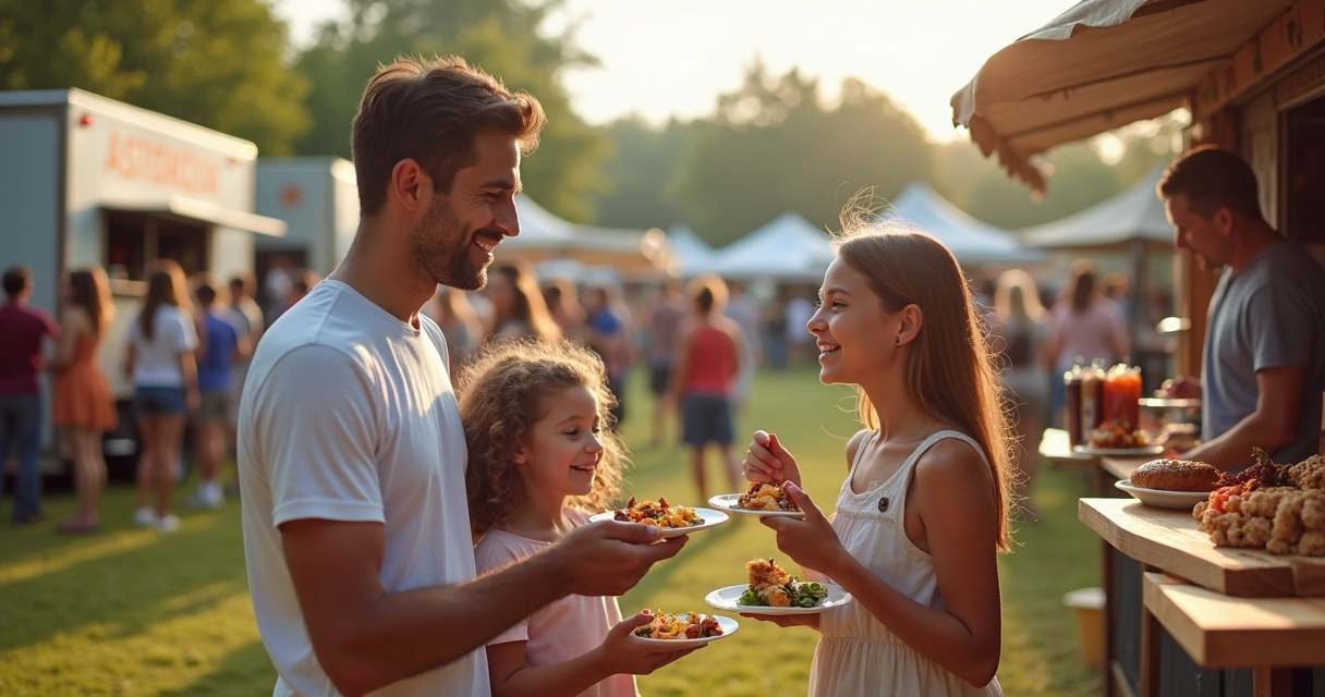 Family with children sampling food at an outdoor festival