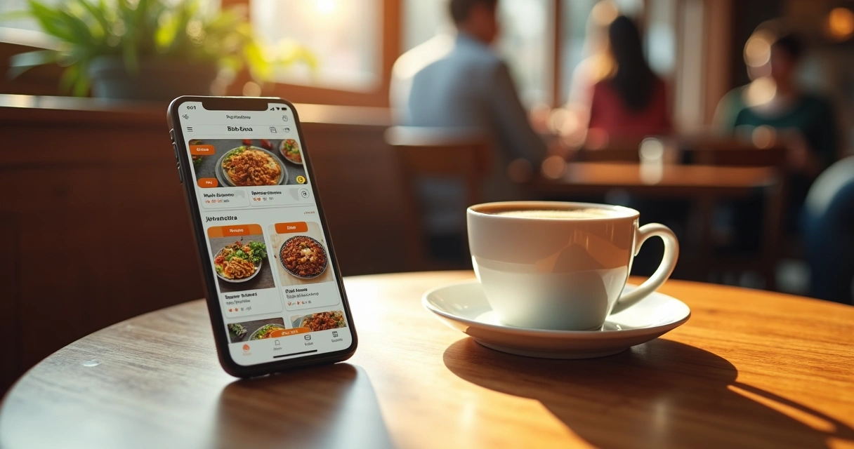 Mobile phone showing easy food search app with large pictures and menus 