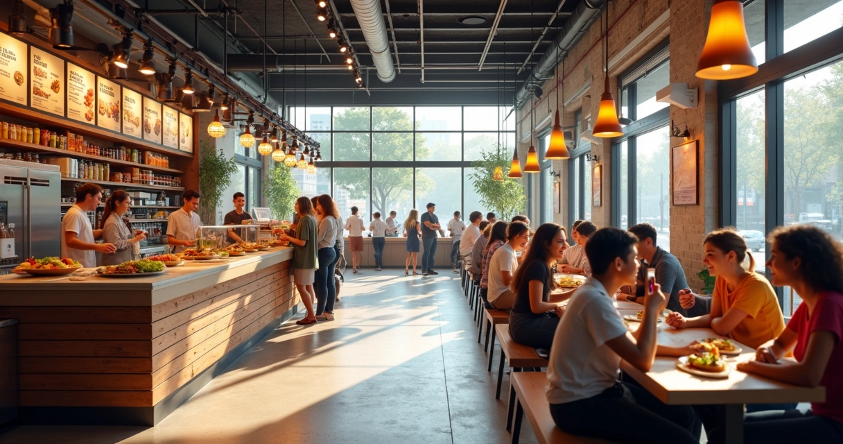 Food hall moderno com pessoas interagindo e saboreando diferentes pratos 