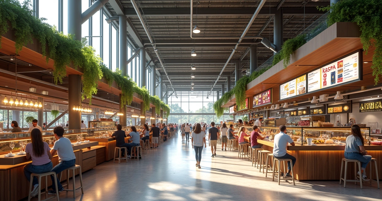 Vista aérea do food hall moderno com espaços de alimentação variados, pessoas circulando e arquitetura contemporânea 