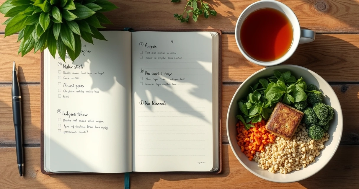 Notebook with meal notes beside a healthy lunch