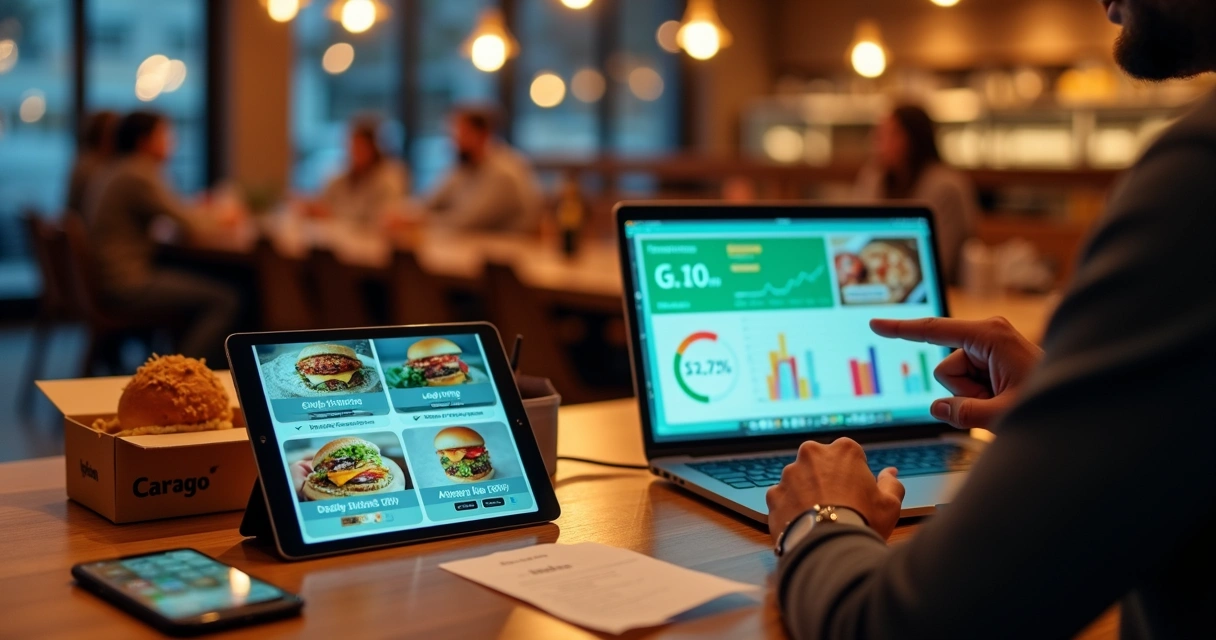 Mesa de restaurante com tablet exibindo cardápio digital e gráficos de marketing ao fundo 