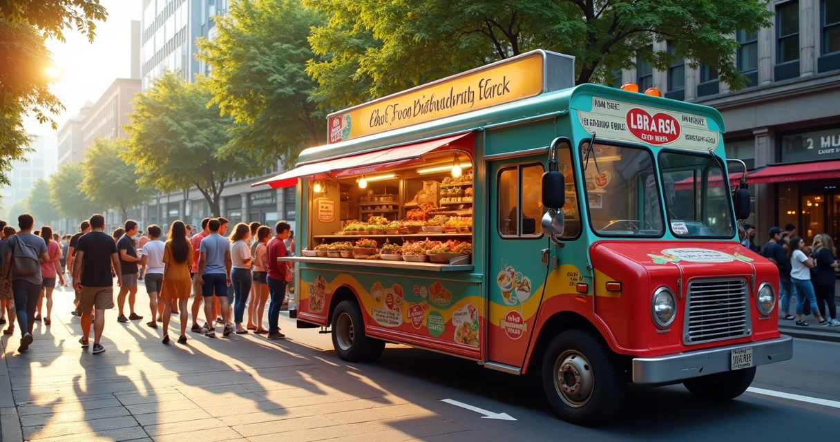 Food truck colorido estacionado em rua movimentada com clientes na fila e pratos servidos na janela 