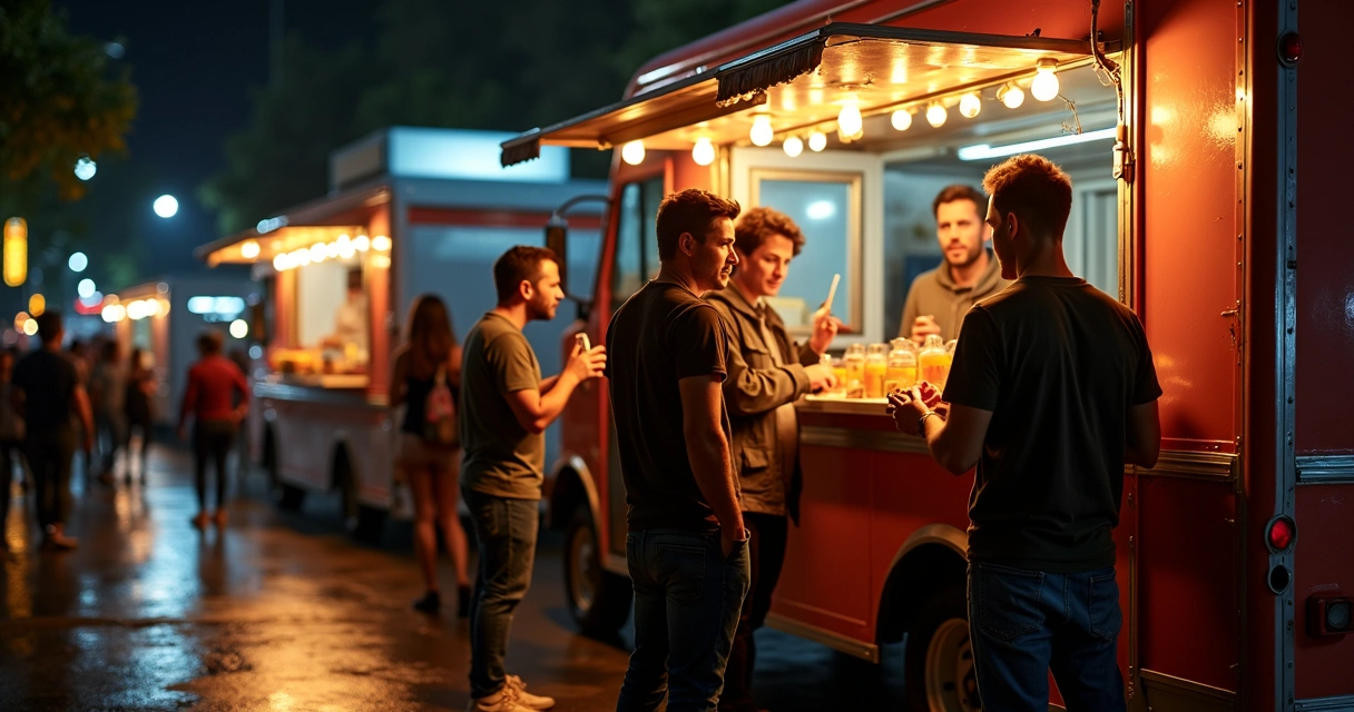 Food truck iluminado servindo pessoas em evento noturno. 
