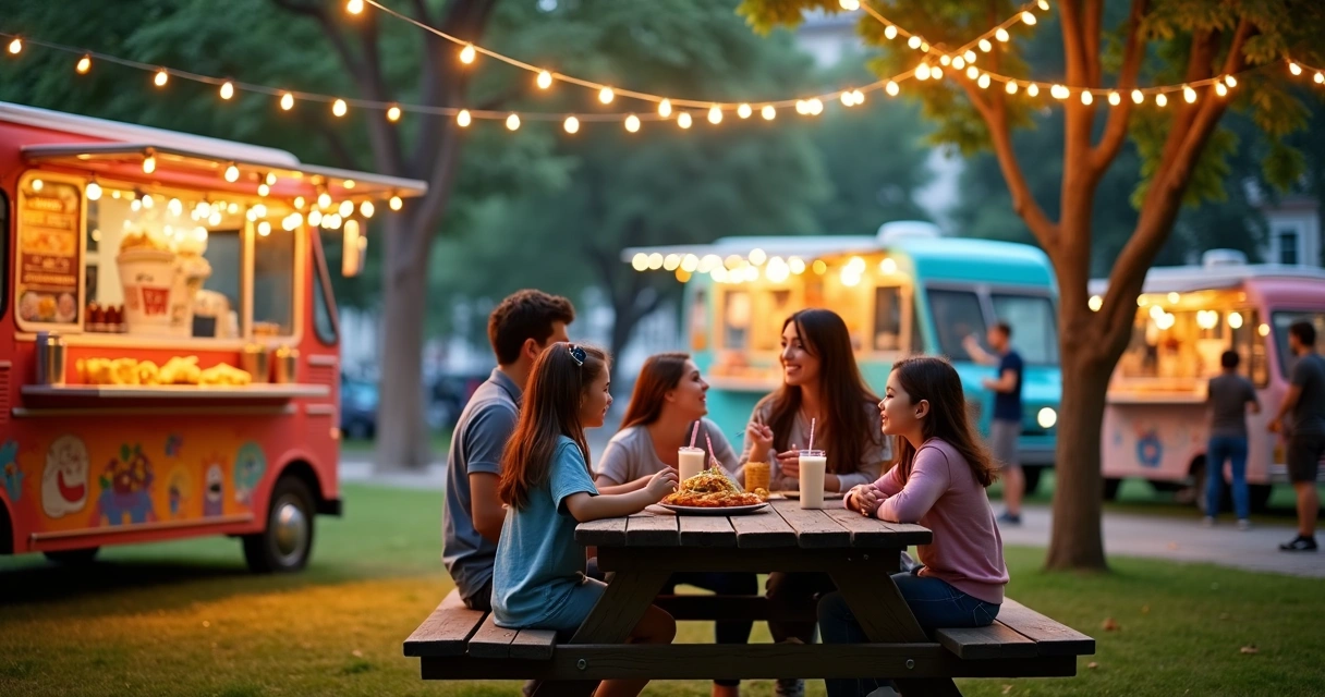 Família reunida comendo ao ar livre em food trucks de Orlando 
