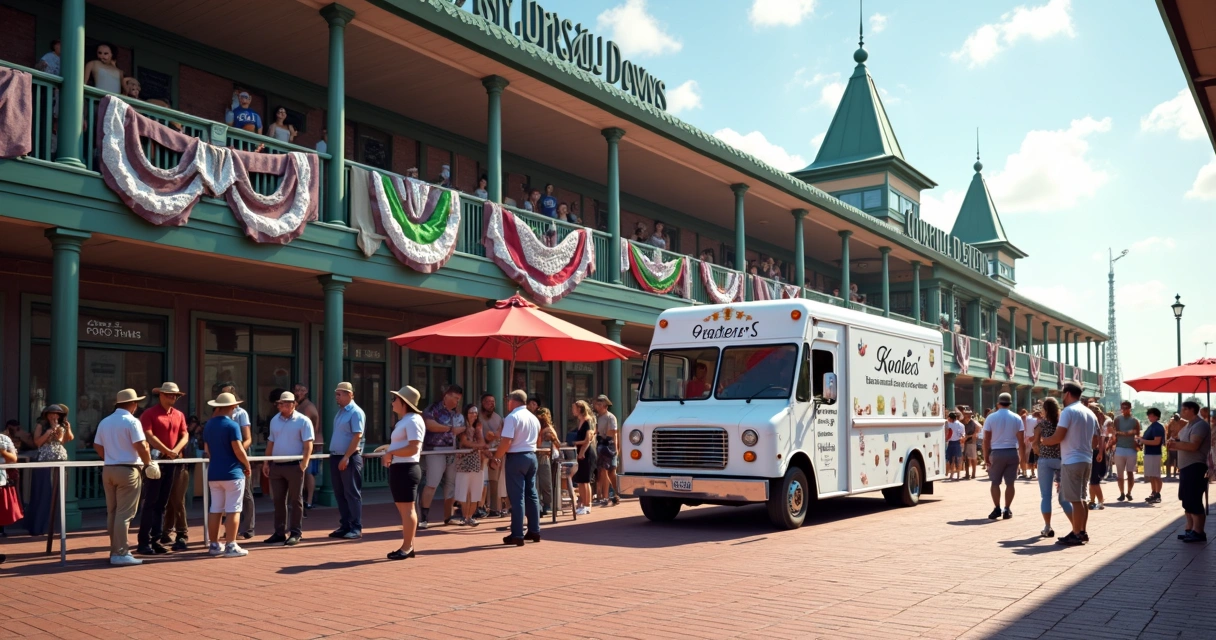 Food truck em frente ao Kentucky Derby com fila de pessoas 