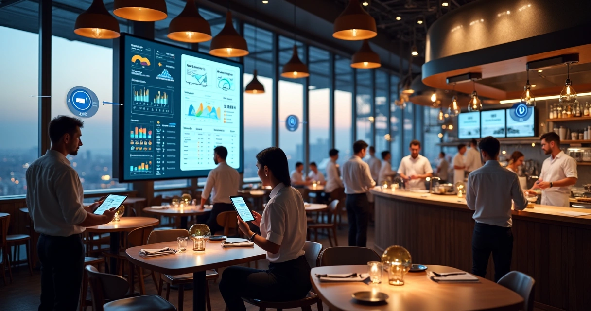 Restaurante moderno com telas de dados e tecnologia integrada no salão 