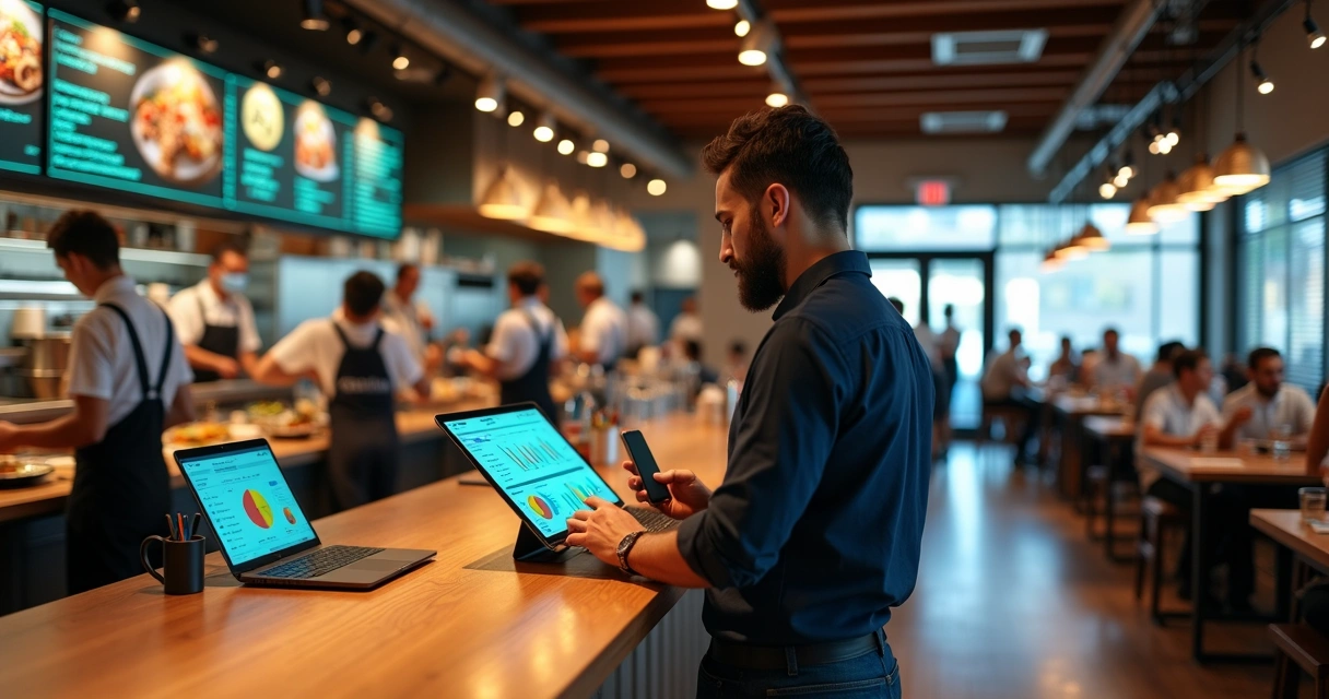 Gestor de restaurante analisando dados de IA em meio a operação de foodservice 