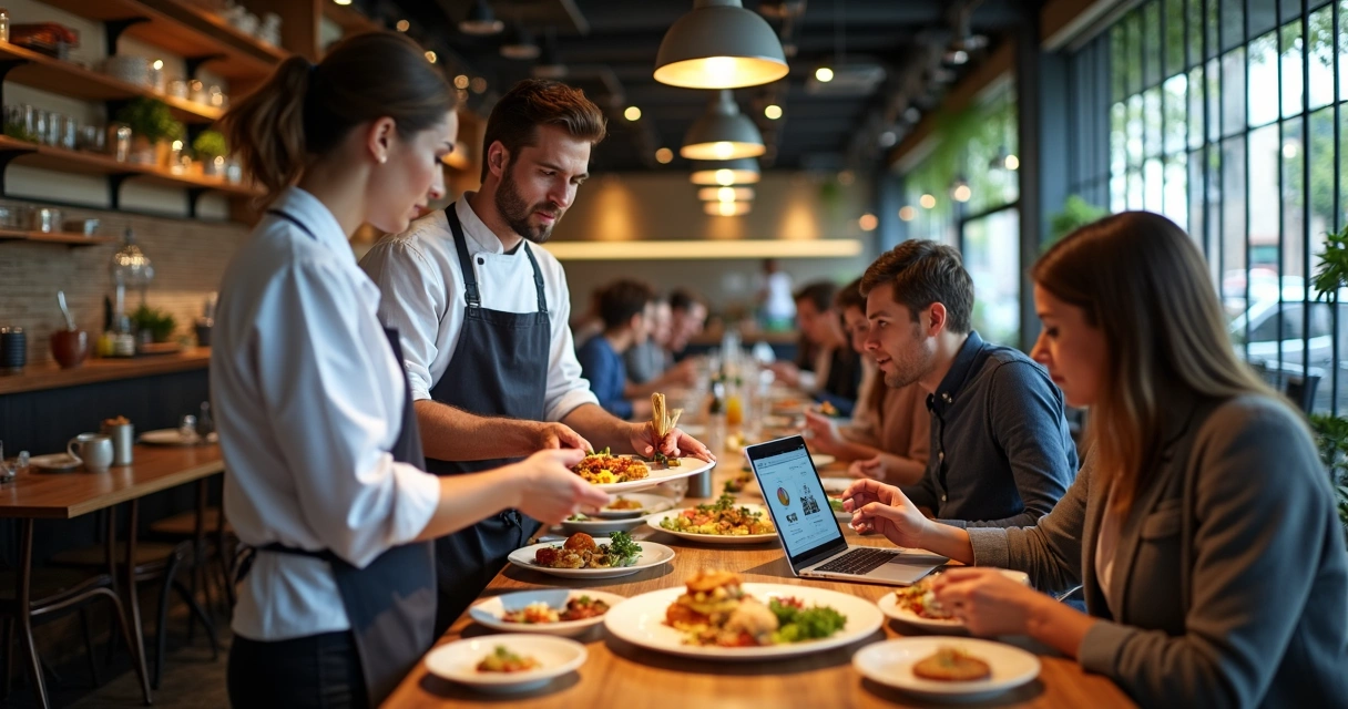 Equipe em restaurante moderno usando tecnologia para oferecer experiência gastronômica 