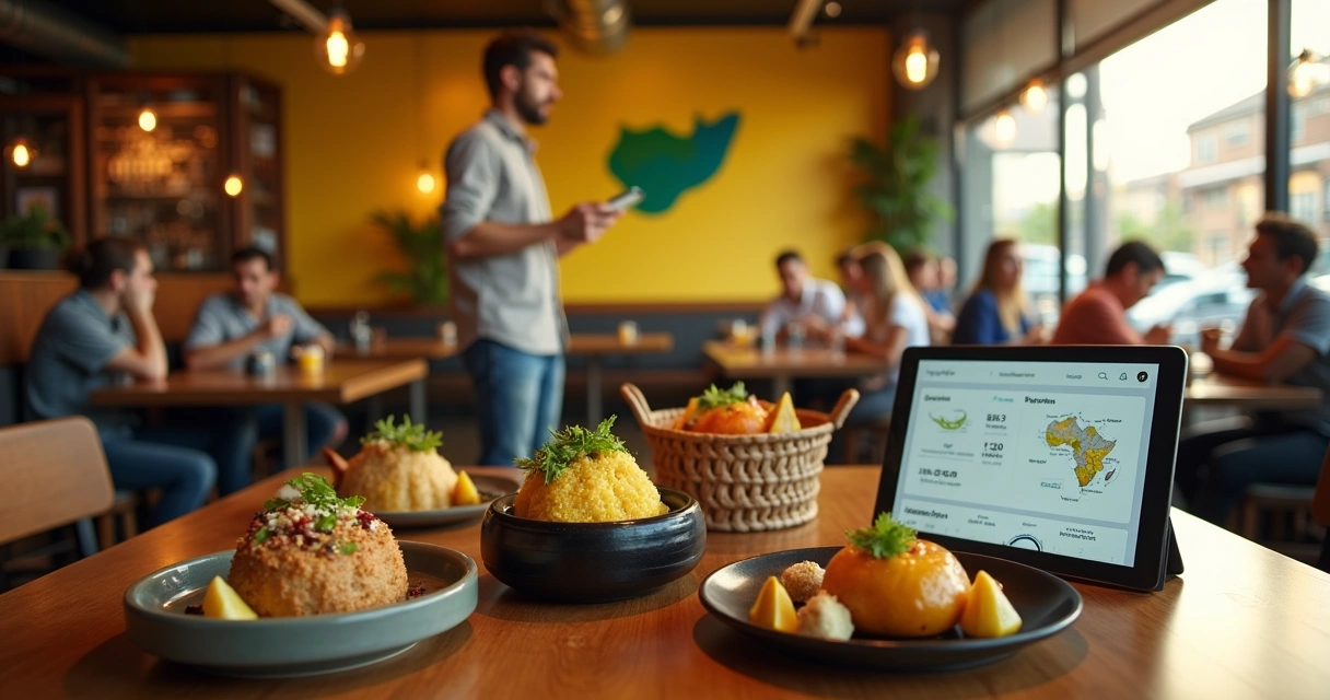 Mesa de restaurante moderno com pratos brasileiros coloridos e gestor analisando dados em tablet 
