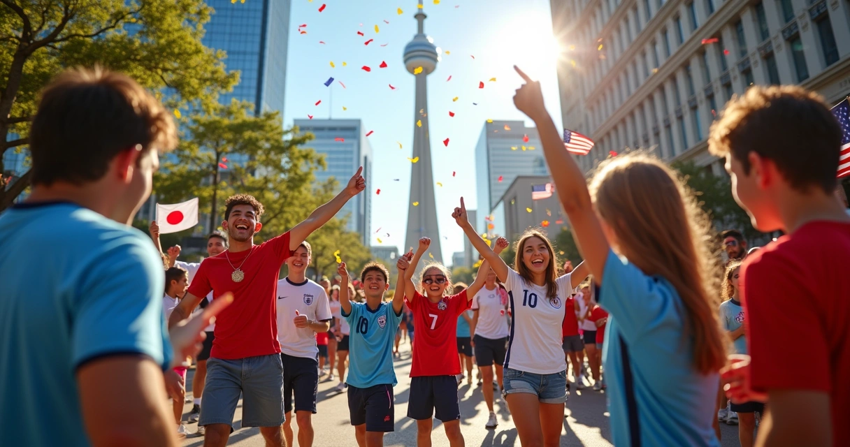 Football fans celebrating with flags and jerseys in downtown Dallas