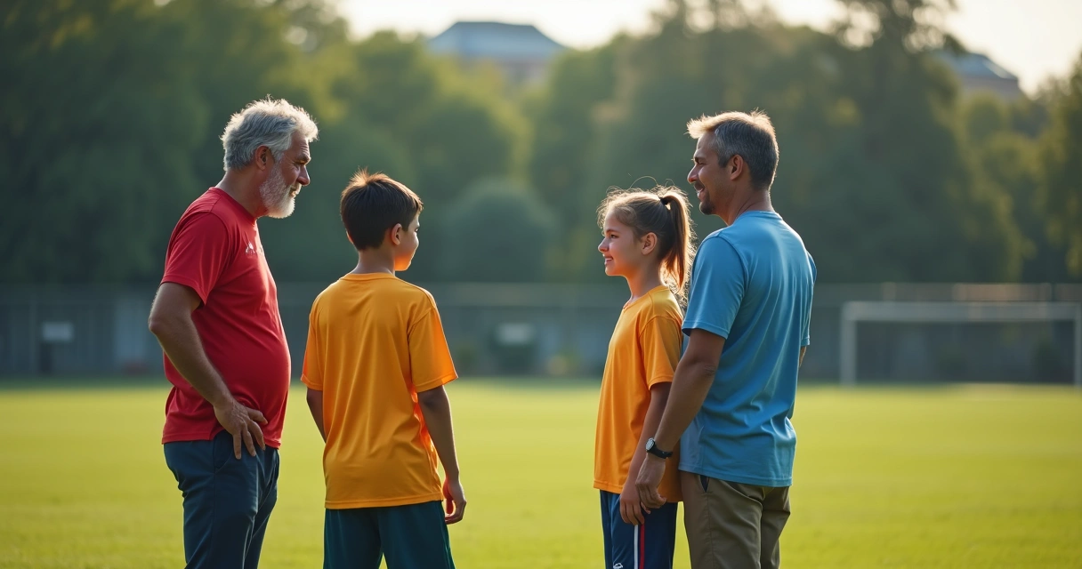 Coach and two parents discussing with a young football player on a training field 