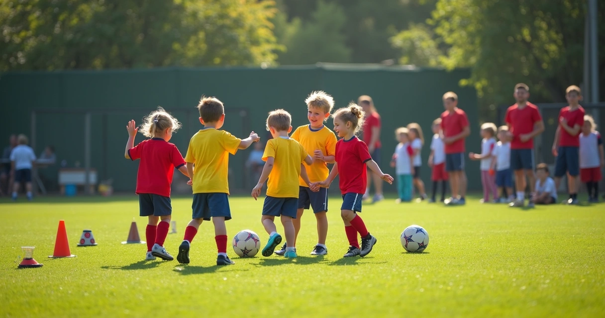 Children playing football on a synthetic field, wearing colorful jerseys and divided into teams