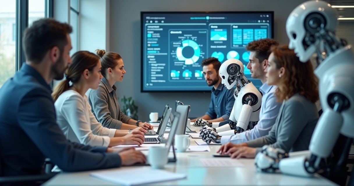 Colaboração entre humanos e IA em um escritório moderno