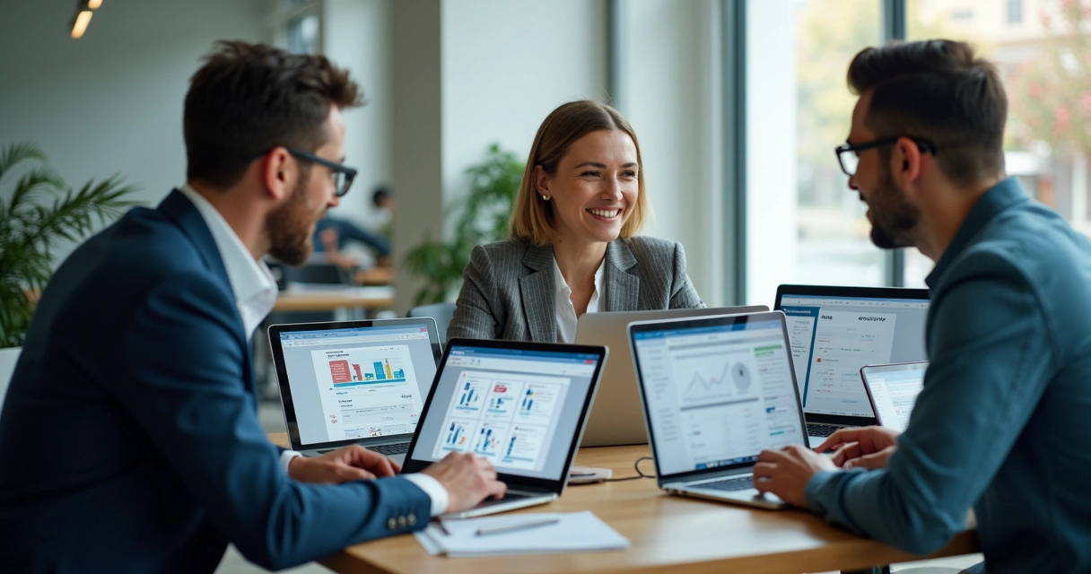 Equipe de vendas usando sistema digital de automação de vendas 