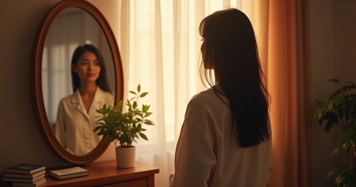 Pessoa olhando seu reflexo em um espelho em ambiente tranquilo. 
