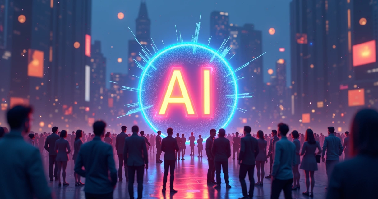 Representação gráfica de marca forte em IA com pessoas em volta de um logo iluminado 