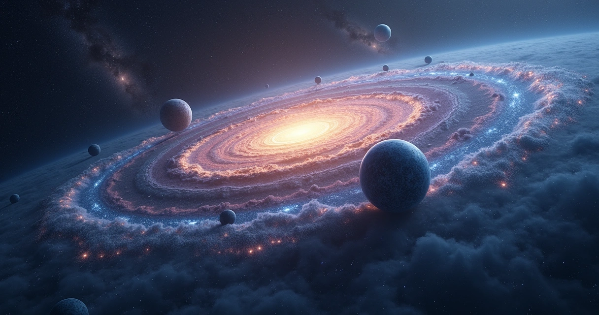 Representação artística detalhada de galáxias com distorções em espaço de redshift e lentes gravitacionais mostrando influência de forças além da gravidade 